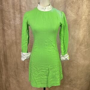 Vintage 60s Mod Mini Dress Green Cuffed Long Sleeve High Neck Hippie Gogo Retro
